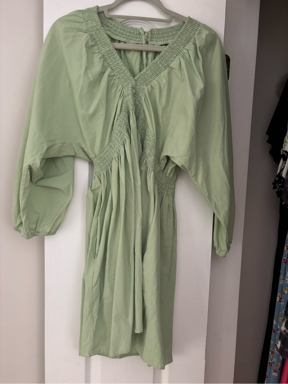 Light Green Smocked Waist V-Neck Dress